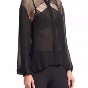 Rag & Bone Black Tommi Sheer Silk Dobby Mixed Media Blouse Size Medium